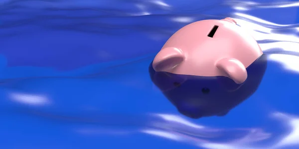 Piggy bank sinking in water. Global recession bankruptcy 3D render concept. Financial and economy crises. Rising inflation. Piggy bank drowning in debt - savings to risk background with copy space
