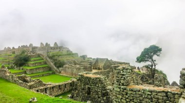 Stone Temple in Machu Picchu on foggy day early in the morning. High angle view. Natural and historical background with copy space. Machu Picchu is an Incan citadel set high in Andes Mountains in Peru
