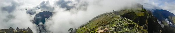 Stone Temple Machu Picchu Foggy Day Early Morning High Angle — Stock fotografie