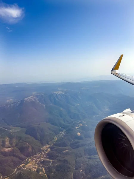 Mountain Aerial View High Plane Airplane Window Air Travel Concept — 图库照片