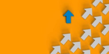 Many white arrows pointing up and one blue arrow points different. 3D rendered symbol of diverse thinking, innovative, various lifestyle and business. Orange background with clipping path.