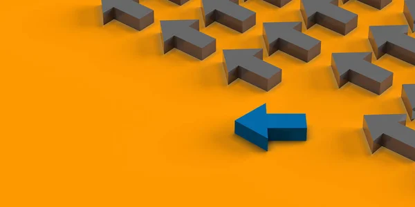 Many grey arrows pointing one direction, one blue arrow points different. 3D rendered symbol of diverse thinking, innovative, various lifestyle and business. Orange background with clipping path.
