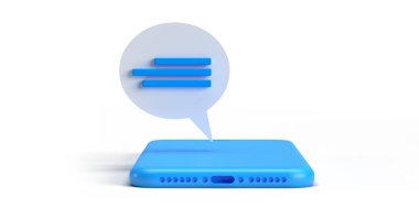 Lying blue Smart mobile phone with online dialog speech bubbles coming off device screen, 3D rendered flat lay. Chat conversation balloon template. White background with clipping path and copy space