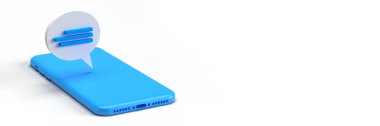 Blue Smart mobile phone with online dialog speech bubble coming off device, 3D rendered flat lay. Chat conversation balloon template. White background with clipping path and copy space