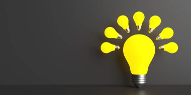 Idea and creativity concept: Realistic light bulb icon for creative analytical thinking. Teamwork processing brainstorming. Ideas symbol illustration. 3D rendered dark background, copy space
