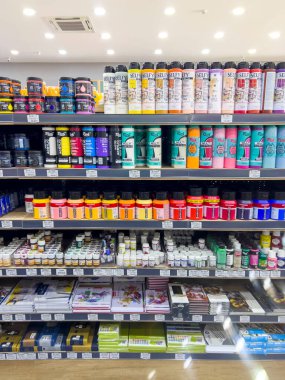 Istanbul - Turkey, 08.19.2022; Back To School Stationery Shopping Store concept. Buying educational supplies.  Goods of various manufacturers on shelves in shop. Background, copy space