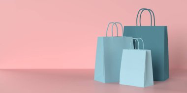 Realistic empty blue paper bags on pink background, copy space text. Online shopping concept. 3d render illustration. Creative design sale event poster template for business, retail and commerce