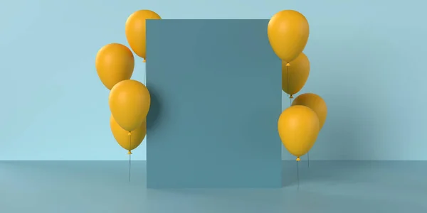 Realistic 3D yellow balloons flying on blue empty card frame. Beautiful elegant party background, copy space. Birthday celebration, VIP invitation, Black Friday discount. Office presentation template