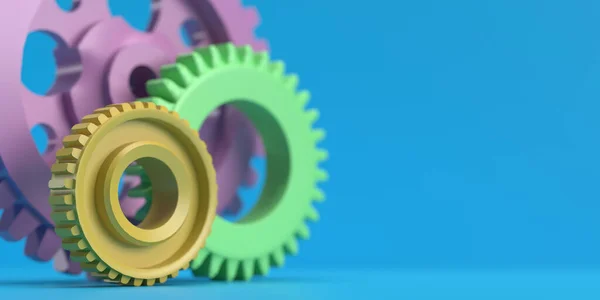 Three pastel colored gear cog icons on blue background, blank copy space. Engineering teamwork concept. Minimal cartoon style process cogwheel design in 3d render illustration for cooperation