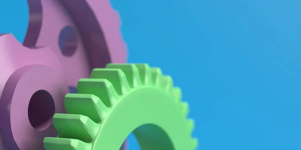 Gear wheel icons on blue background, blank copy space. Engineering teamwork concept, closeup. Minimal cartoon style process cogwheel design in 3d render illustration for cooperation