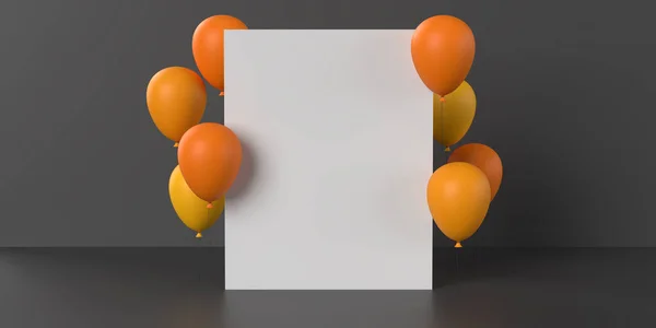 Beyaz, boş, turuncu uçan balonlu Cadılar Bayramı tebrik kartı. Mevsimlik web afişi, indirimli poster veya karanlık arka planda parti davetiye şablonu, kopyalama alanı. 3 Boyutlu resimleme.