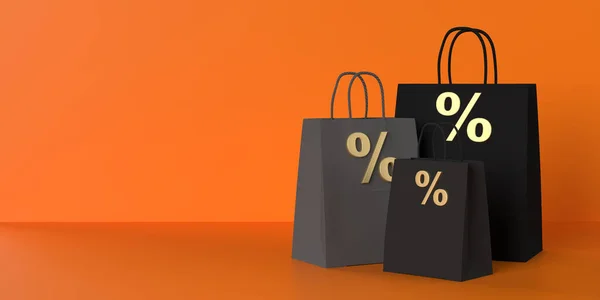 Halloween Sale promotion with luxury black paper percentage bags on orange background, copy space. Seasonal shopping card, web banner, sale, discount poster template in 3D render illustration.