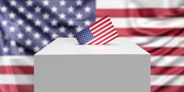 Amerikan bayrağının arka planında, beyaz oy sandığına, fotokopi aletiyle işaretlenmiş bir zarf yerleştiriliyor. Demokratik seçim 2022 kavramının 3 boyutlu canlandırması. Gizli oylama bülteni. Siyasi tema