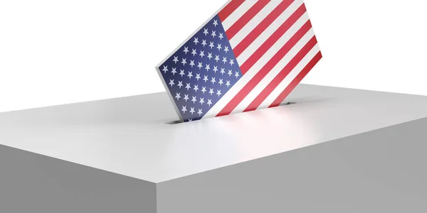 Amerikan bayrağı oy pusulasını beyaz arka planda fotokopi alanı olan bir sandığa dizayn etti. Gerçekçi 3 boyutlu canlandırma. Demokratik Seçim konsepti. Gizli oy bülteni. 