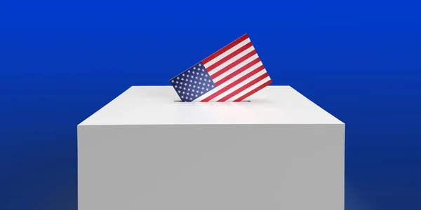 Het Invoegen Van Amerikaanse Vlag Stemenveloppe Witte Stembus Blauwe Achtergrond — Stockfoto