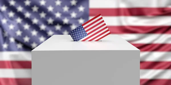 Amerikan bayrağının arka planında, beyaz oy sandığına, fotokopi aletiyle işaretlenmiş bir zarf yerleştiriliyor. Demokratik seçim 2022 kavramının 3 boyutlu canlandırması. Gizli oylama bülteni. Siyasi tema
