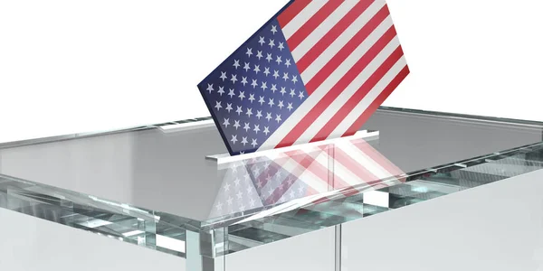 Amerikan bayrağı, oy zarfını saydam oy sandığına, beyaz arka planda fotokopi alanına göre dizayn etti. Gerçekçi 3 boyutlu canlandırma. Demokratik Seçim konsepti. Gizli oy bülteni. 