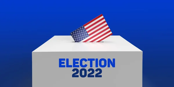 Beyaz Seçim 2022 oy sandığına Amerika bayrağını yerleştiriyorum. Mavi arkaplanlı ve fotokopi alanı olan oy sandığı. Demokratik konseptin 3 boyutlu yansıması. Gizli oylama bülteni. Siyasi tema