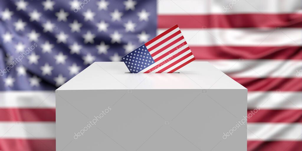 Inserting US flagged voting envelope in white ballot box on American flag background with copy space. 3D render of democratic election 2022 concept. Confidential vote bulletin. Political theme