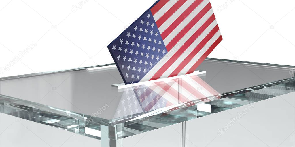 US American flag designed voting envelope into transparent ballot box, white background with copy space. Realistic 3D render illustration. Democratic Election concept. Confidential vote bulletin. 