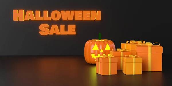 Halloween Big Sale Marknadsföring Text Orange Presentförpackning Och Kuslig Pumpa — Stockfoto