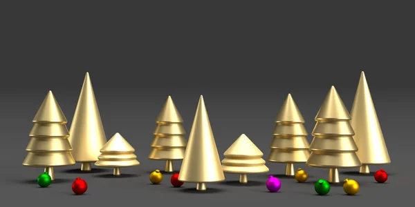 Golden Christmas trees on grey background with copy space. Seasonal banner for food, fashion cosmetic product marketing display. 3d render geometric shape. Discount card, invitation or advertisement.