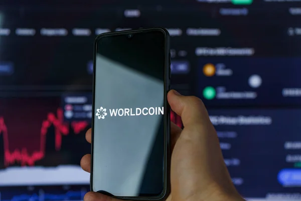 Criptomoeda Worldcoin Worldcoin Uma Moeda Digital Que Lança Dando Uma — Fotografia de Stock