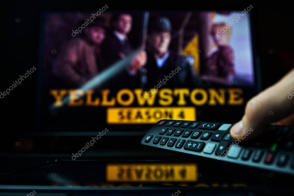 TV series Yellowstone and TV remote controler. TV show Yellowstone is made by Paramount Network