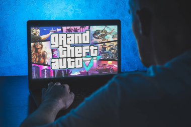 GTA VI video oyunu. Bilgisayardaki video oyunu bakış açısı. Bilgisayar oyunu oynanıyor.