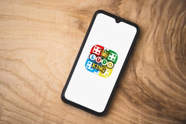 Akıllı telefondan yağma uygulaması. Üst açı çekimi. Ludo King, Hindistan 'da ücretsiz oynanan bir mobil oyundur.