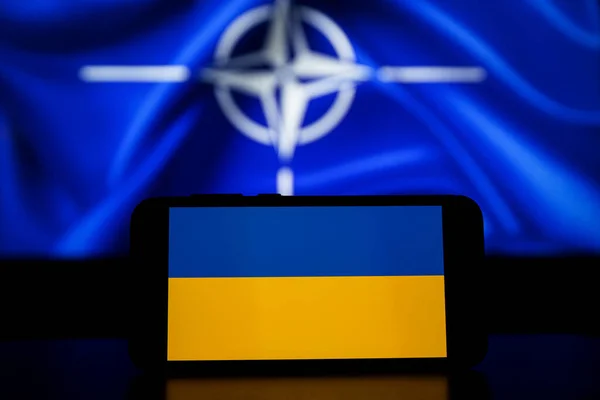 Die Organisation Des Nordatlantikvertrags Auf Bildschirmen Ukraine Flagge Auf Dem — Stockfoto