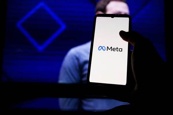 Meta Logo Écran Mark Zuckerberg Est Pdg Metaverse Arrière Plan — Photo