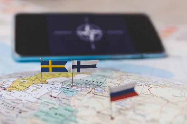 Finland Sweden Russian Flags Europe Map Nato Flag Background Finland — Stock Photo, Image