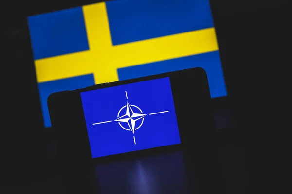 Finlandia Szwecja Oraz Flagi Rosyjskie Mapie Europy Flaga Nato Tle — Zdjęcie stockowe