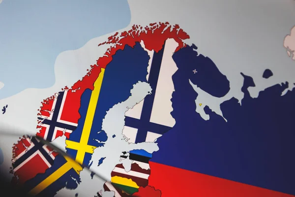 Finlândia Suécia Bandeiras Russas Mapa Europa Bandeira Nato Fundo Finlândia — Fotografia de Stock