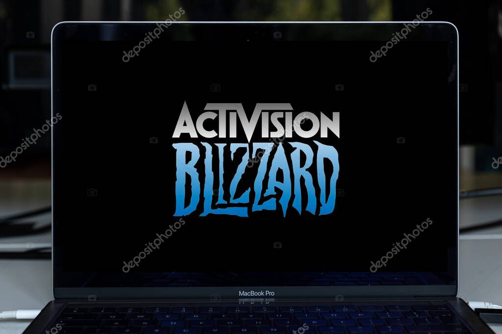 Kaunas, Lithuania - 2022 July 8: Activision blizzard video game design company on screen. Activision Blizzard, Inc. is an American video game holding company