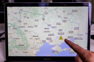 Zaporizhzhia nuclear power plant on map. The danger of nuclear leak and radiation. Russian forces occupying nuclear power plant