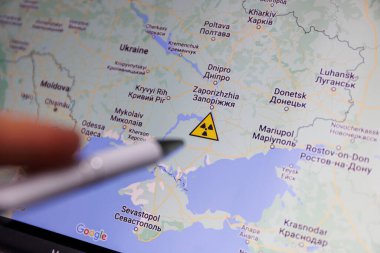 Zaporizhzhia nuclear power plant on map. The danger of nuclear leak and radiation. Russian forces occupying nuclear power plant