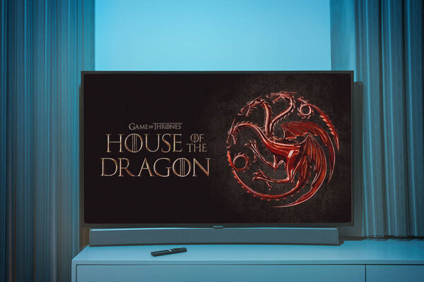 Kaunas, Lithuania - September 19, 2022: TV Series of House of Dragon played by HBO on TV. High quality photo