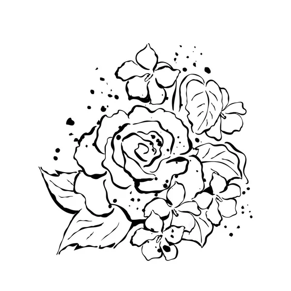 第5条 用于服装和织物的印刷 时尚的油墨和水彩画风格 一束花 玫瑰和紫罗兰 数字插图 — 图库矢量图片