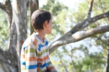 Zavallı çocuk ağaçta oturuyor, köy çocuğu. 