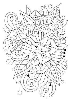 Çiçekli, yapraklı ve bukleli boyama sayfası. Renkler için siyah beyaz arka plan. Sanat terapisi.