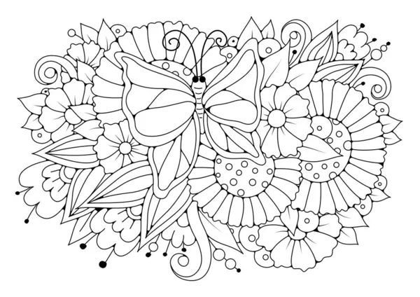 Desenho Para Colorir Com Flores Borboleta Fundo Preto Branco Para —  Vetores de Stock