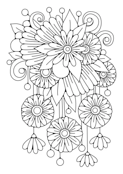 Квіти Бутони Завитки Чорно Біла Квіткова Ілюстрація Розфарбування Розмальовка Арт — стоковий вектор