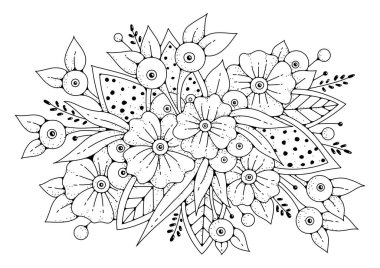 Sanat çizgisi çiçekleri. Renkler için siyah beyaz arka plan. Çocuklar ve yetişkinler için boyama sayfası.