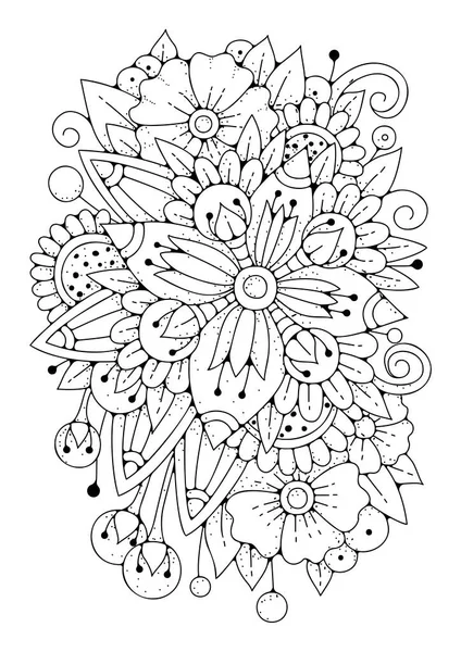 花环彩绘页 儿童和成年人的艺术疗法 用于着色的黑白花背景 — 图库矢量图片