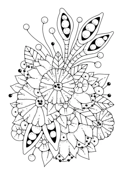 Ilustracja Wektor Kolorowanki Magiczny Ogród Kwiatowy Dużymi Okrągłymi Kwiatami Pączkami — Wektor stockowy