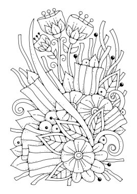 Sanat çizgisi çiçekleri. Renkler için siyah beyaz arka plan. Çocuklar ve yetişkinler için boyama sayfası.
