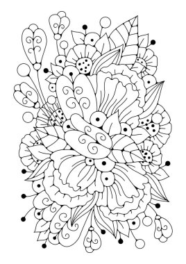 Sanat çizgisi çiçekleri. Renkler için siyah beyaz arka plan. Çocuklar ve yetişkinler için boyama sayfası.