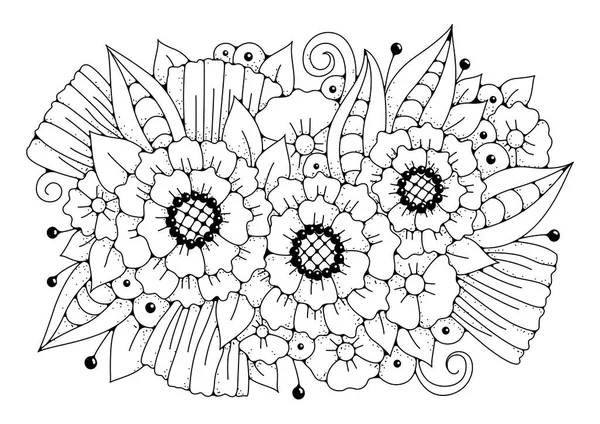 Coloriage Avec Grandes Fleurs Bourgeons Fond Vectoriel Noir Blanc Pour — Image vectorielle